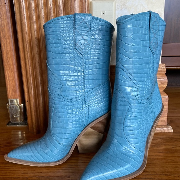 Knee High Fendi Blue Cowboy Boots Grey Pinstripe Fold Over Knee